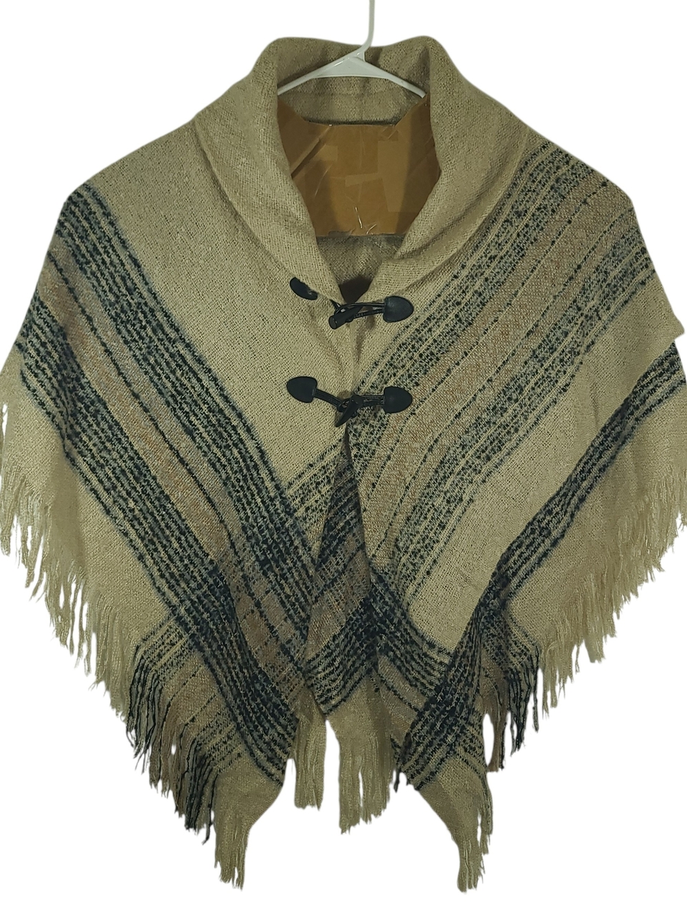 Plaid Fringe Knit Poncho Shawl Wrap with Toggles One Size Fits All